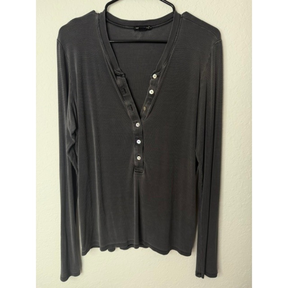 Good American Womens Ribbed Henley Long Sleeve Top Grey 2XL
